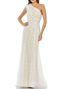 Mac Duggal Feather One Shoulder Ivory Lace Maxi Dress Formal Gown Size 8 NWT
